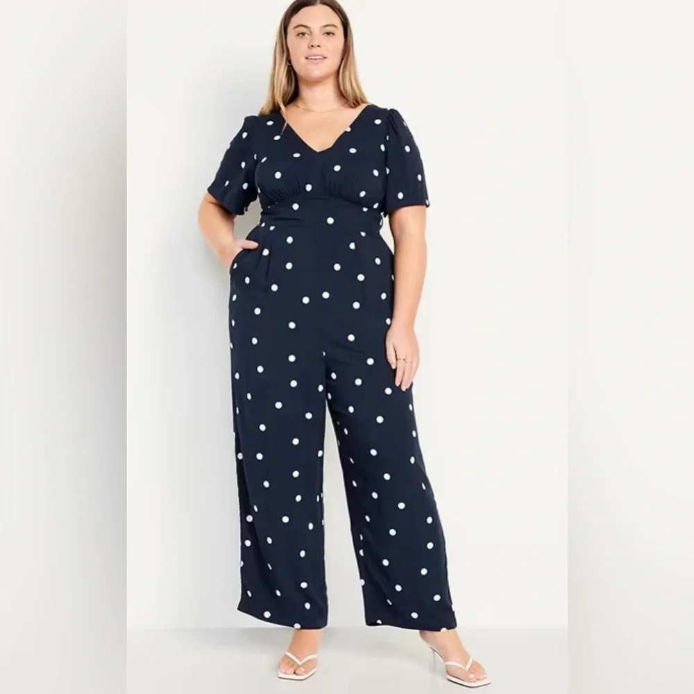 NWT Old Navy‎ Polka Dot Flutter Sleeve Smocked Wide Leg Jumpsuit Navy XXL Tall
